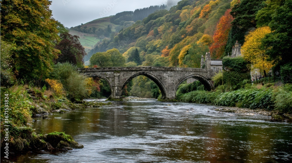 Fototapeta premium Beautiful Autumn Landscape With a Stone Bridge Over a Tranquil River at a Picturesque Location in the Countryside