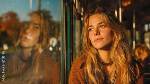 Moody portrait of young woman looking through tram window at sunset, reflective cinematic scene ideal for editorials or book covers