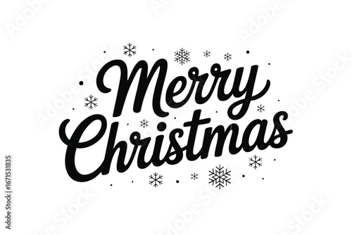 Merry Christmas black script lettering with snowflakes and dots on white background