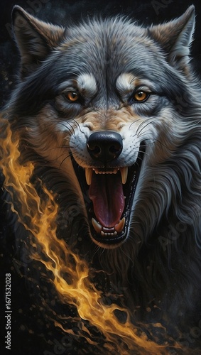 Fierce Wolf with Fiery Aura Unleashing a Powerful Roar.