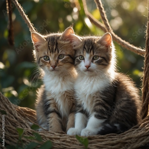 Two Adorable Tabby Kittens Cuddling in a Woven Basket.