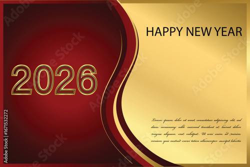 A luxurious and elegant greeting card design for the year 2026, featuring a festive red and gold color scheme with a dynamic, abstract pattern, perfect for holiday celebrations.