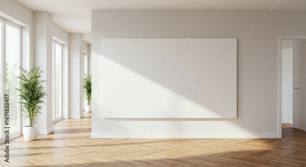 Fototapeta premium Bright Modern Hallway Interior Design with Large Blank Canvas
