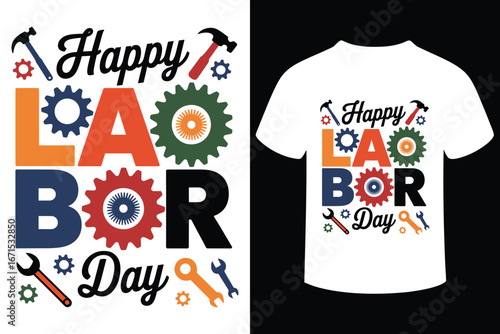 Happy labor day design with tools and gears on white background