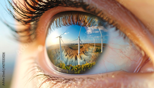 Vision of Sustainable Future: A close-up view of an eye reflects a vibrant landscape of wind turbines under a sunny sky, symbolizing a commitment to the environment.