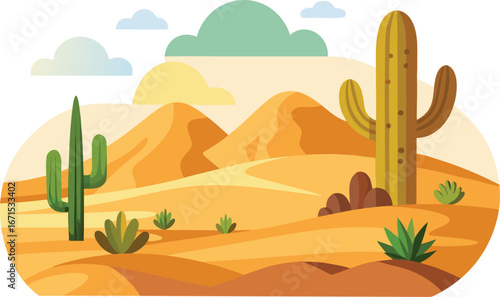 Desert with cactus and sand dunes