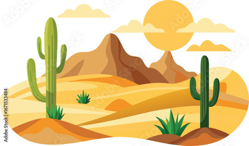 Desert with cactus and sand dunes