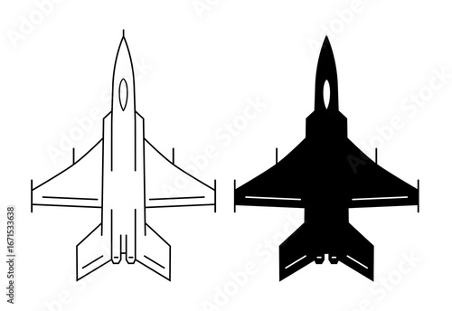 Military fighter jet silhouette icons in two bold styles: a clean black outline and a solid black filled design. The vector graphic showcases a top-view jet fighter plane illustration