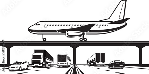 Passenger airplane overpassing highway – vector illustration