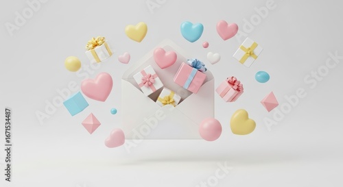 Colorful Gift Boxes and Hearts Surrounding Open Envelope