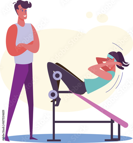 Personal Trainer Supervising Sit-ups on a Bench