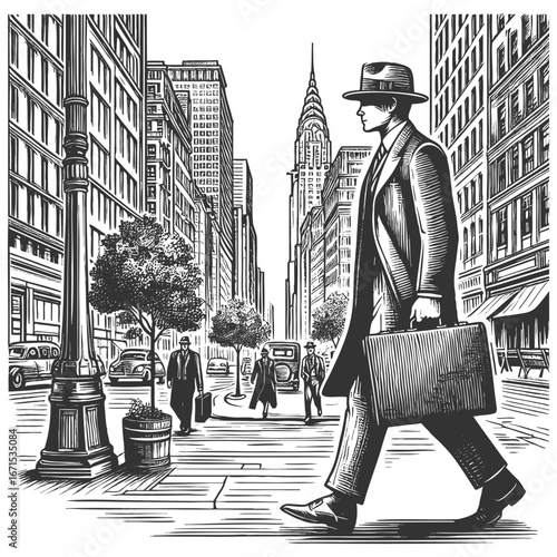 man in a suit and hat carrying a briefcase, walking in city sketch engraving generative ai fictional character vector illustration. Scratch board imitation. Black and white image.