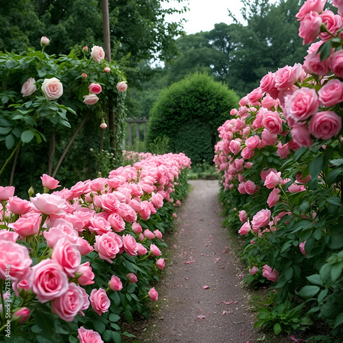 Pink rose-lined garden path whispers elegance, befitting midsummer night's dream rendezvous and secret solstice celebrations, hinting romantic mystique