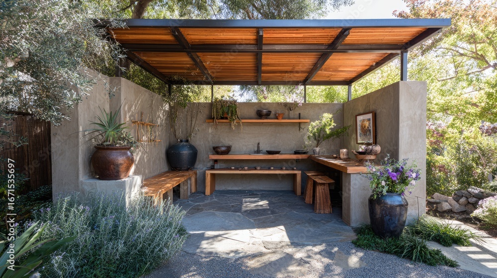 Obraz premium Tranquil Outdoor Cooking Space with Natural Elements and Artistic Decor in a Garden Setting