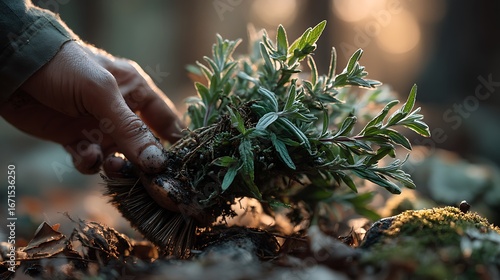 A close-up of freshly picked wild herbs being brushed clean of soil, symbolizing the beauty of foraging and naturea??s bounty in a sunlit forest