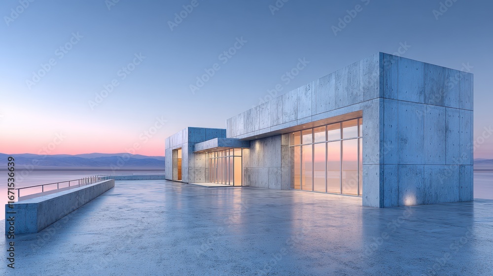 Obraz premium Modern minimalist concrete structure with large windows by the sea during sunset in serene coastal environment