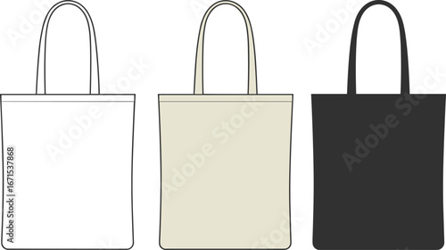 Minimalist illustration of eco-friendly tote bags in white, beige, and black colors, isolated on transparent background, reusable fabric shopping design vector