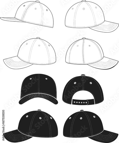 Baseball cap vector illustration set with front, back, and side views, black and white snapback hat design templates for fashion branding.