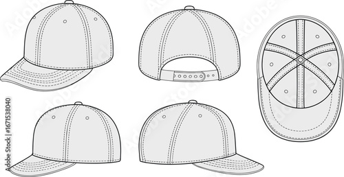 Baseball cap vector illustration set with front, back, side, and top views, blank template design for apparel, fashion, branding, and accessories.