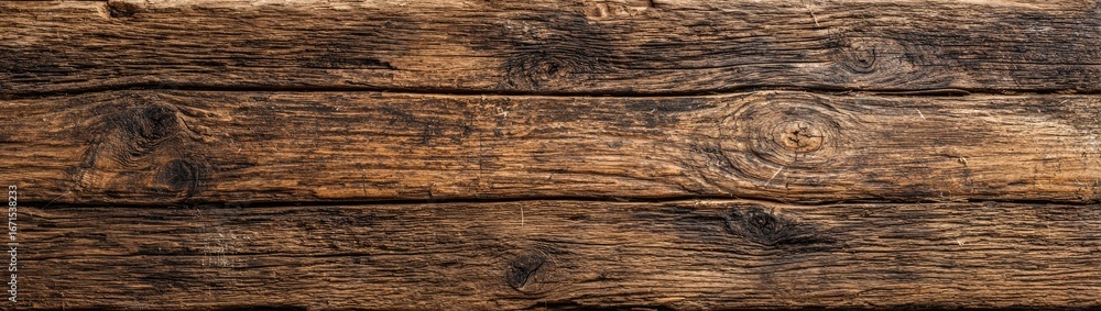 Naklejka premium Horizontal close-up of weathered, dark brown wooden planks
