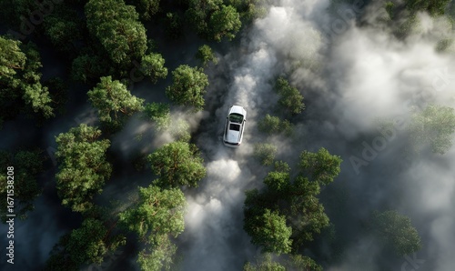 Aerial view of a white car drifting through a misty forest