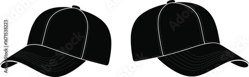 Black baseball cap vector illustration with stitching details, simple sports hat silhouette design, casual fashion headwear, isolated cap template, clothing accessory graphic