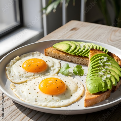 Delicious and healthy breakfast of fried eggs and avocado toast with fresh herbs on a white plate