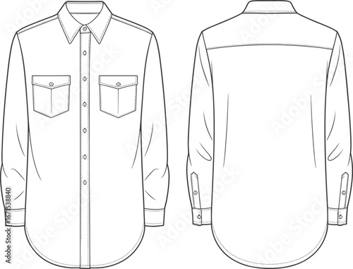 Classic men’s button down shirt flat sketch, front and back technical drawing, long sleeve fashion apparel design with chest pockets vector illustration template