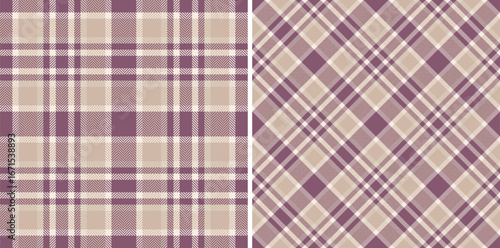 Seamless plaid pattern set in mauve and beige. A classic, versatile design. Ideal for textile prints, backgrounds, and cozy, rusticthemed projects.
