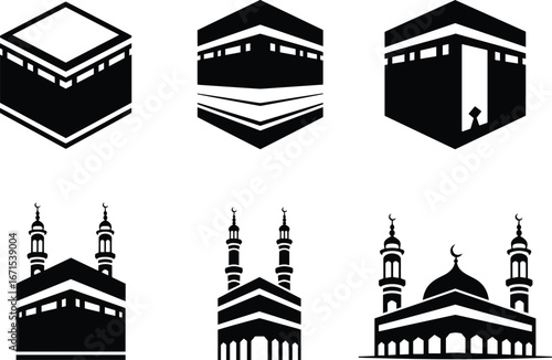 Collection of Islamic Kaaba and mosque silhouettes, holy Mecca pilgrimage symbols, vector illustration set for religion, worship, Ramadan, Hajj, and Eid themes