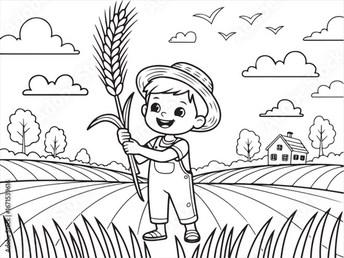 Playful Child Holding Wheat in a Field – Fun Farm Scene for Kids' Coloring