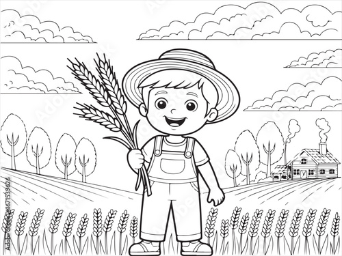 Child Holding Wheat in a Field – Playful Farm Scene with Wheat and a House for Kids’ Coloring