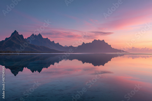 Wallpaper Mural Stunning twilight view of jagged mountain range perfectly reflected in calm water under a colorful pink and purple sky Torontodigital.ca