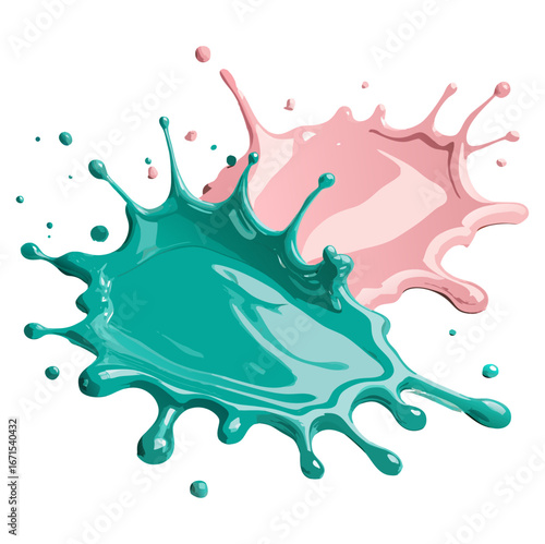 Turquoise and pink paint splashes combining into dynamic colorful composition on transparent background for cosmetic packaging and glossy displays