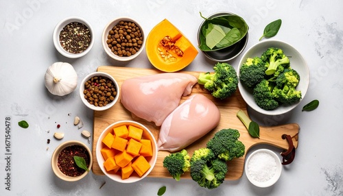 Arrangement of raw fresh ingredients for healthy dog food including chicken breast broccoli and pumpkin on cutting board  