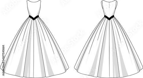 Elegant ball gown fashion flat sketch with sleeveless fitted bodice, flared full-length skirt, waistband detail, front and back technical vector illustration template