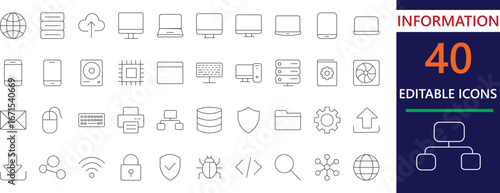 Minimal black line icons representing computer, cloud, data, and IT security concepts. Perfect for web, app, software, and digital design projects.