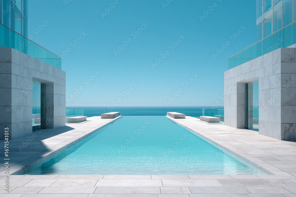 Fototapeta premium Luxury infinity pool with ocean view between modern marble buildings on a clear sunny day