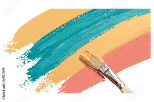 Paintbrush applying teal peach and golden yellow strokes on transparent background for colorful design templates, creative graphics, or decoration in modern projects..