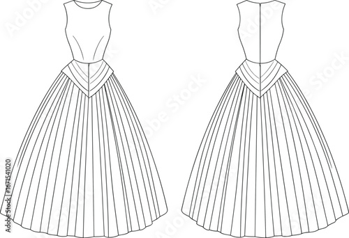Elegant long evening gown fashion flat sketch with sleeveless fitted bodice and full pleated skirt, front and back technical vector illustration template
