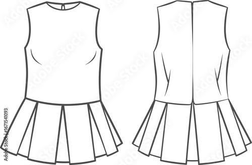 Fashion flat sketch illustration of sleeveless pleated mini dress with fitted bodice and flared skirt, front and back technical vector template design