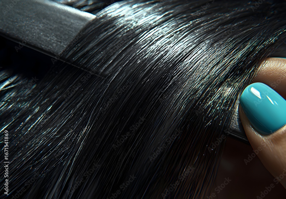 Obraz premium Photo of a professional hair straightening process, highlighting smooth, glossy hair with a flat iron