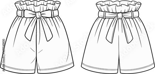 High waist paperbag shorts flat sketch with belt tie front detail, ruffle waistband, casual fashion design vector template, clothing technical drawing illustration