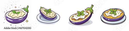 Eggplant Parmesan vector illustration set featuring detailed, colorful design elements.