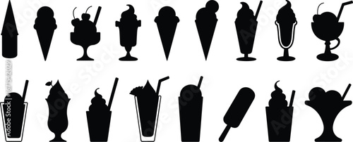 Ice cream silhouette vector collection, black dessert icons, cones, popsicles, sundae glasses, milkshake cups, frozen sweet treats, summer food illustration design elements