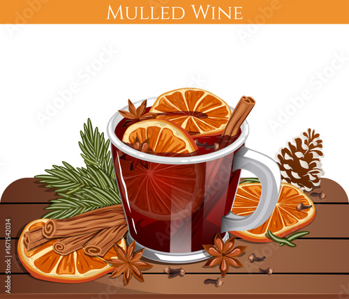 Rustic Mulled Wine on Wooden Table with Scattered Spices - Christmas Beverage Detailed Illustration