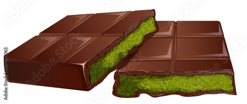 Viral Dubai Chocolate Halved Bar with Khadyfia and Pistchio Tahini Filling - Stacked Dessert Illustration