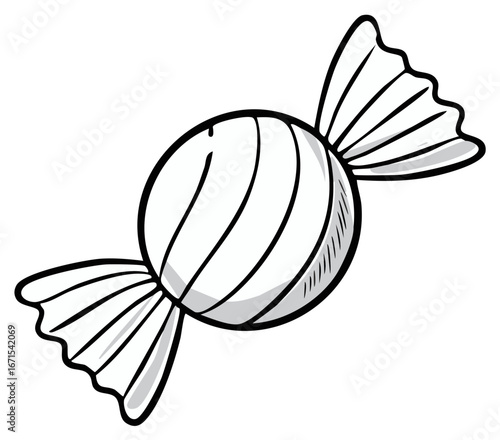 Black and white illustration of a wrapped hard candy, a sweet treat, or confectionary.