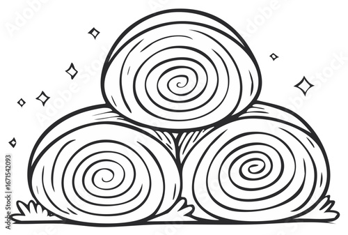 A simple line art illustration of three stacked round hay bales in a cartoon style