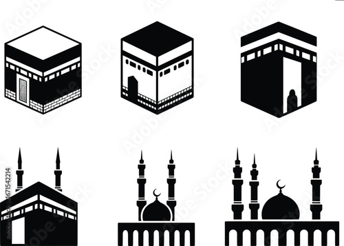 Islamic holy Kaaba and mosque silhouette vector illustration, religious architecture icons, pilgrimage symbols, Muslim worship design, cultural heritage art graphic template